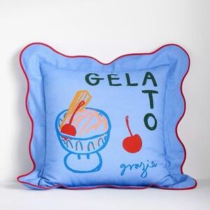 Anthropologie Blue Gelato Graphic Accent Pillow with Red Trim